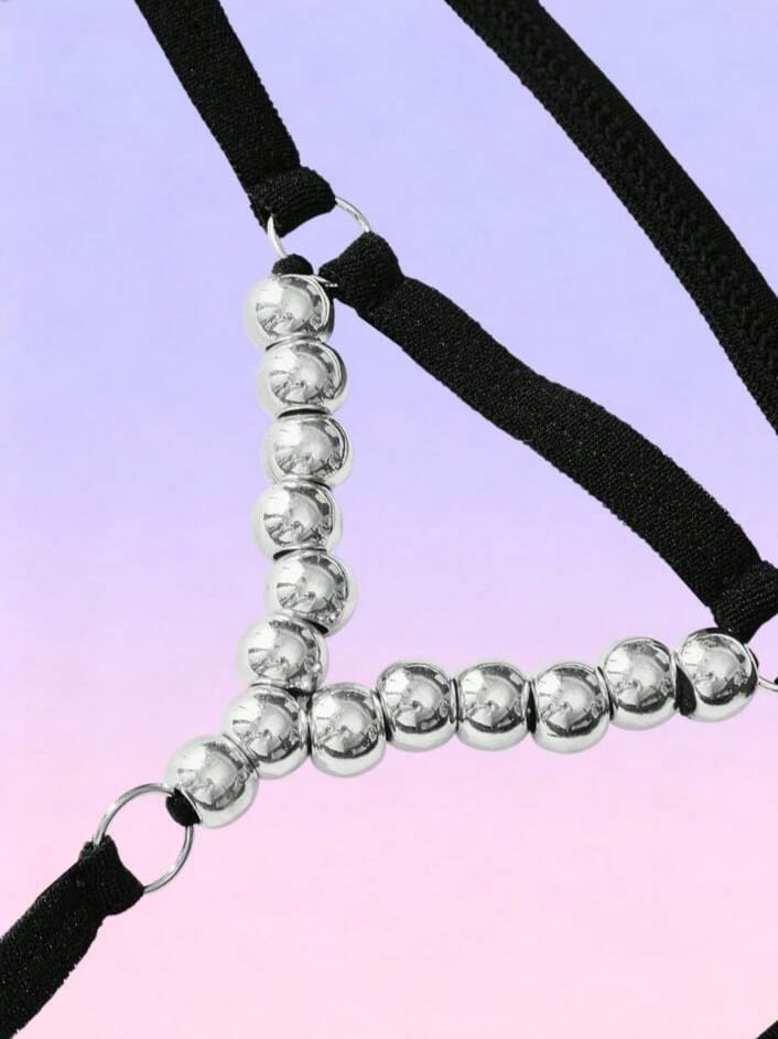 FANDY Men's Black Woven Rear Waist Silver Metal Bead Thong Underwear